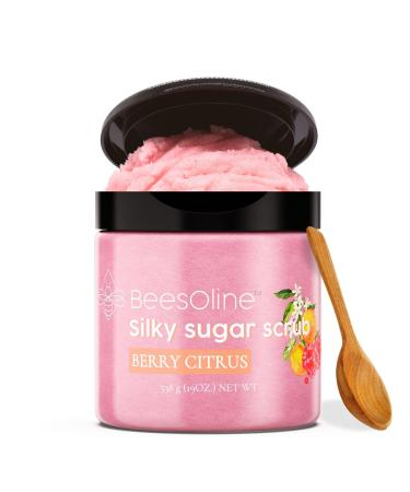 Sugar Scrub by BeesOline - Premium Fine Cane Sugar | Berry Citrus Scented - Extra Large 19oz Convienent Flip-Top Lid Organic Sunflower Oil & COCONUT OIL for Smooth Gentle Exfoliation