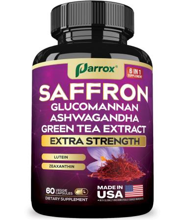 Saffron Supplement with Glucomannan Ashwagandha Green Tea Extract Zeaxanthin & Lutein Vision Support & Daily Wellness Formula Extra Strength Plant-Based Capsules 2 Month Supply (60 Caps) 60 Count (Pack of 1)