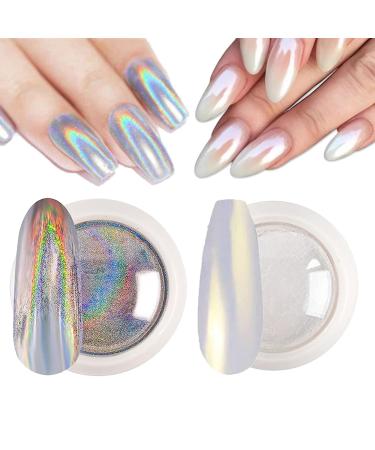 Chrome Nail Powder - White Pearl Chrome Powder for Nails Holographic Mica Unicorn Iridescent Nail Powder Holo Laser Effect Nail Glitter Mermaid Aurora Chameleon Chrome Dust Nail Art Manicure Set 5