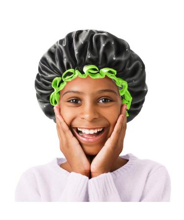 mikimini Black Small Shower Cap for Child 1 Pack Double Layers Waterproof Bathing Hair Cap with Reusable Soft Comfortable PEVA Lining Cute non-fading & Stretchy Shower Hat Small (Pack of 1) Black+Green
