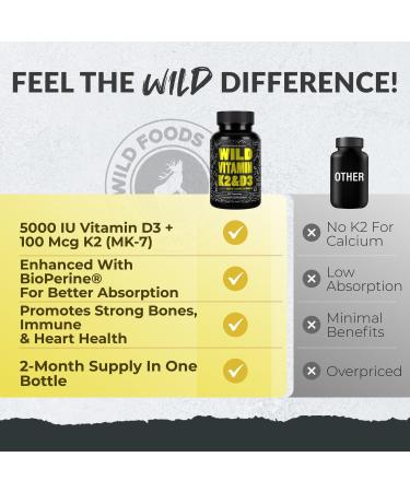 Wild Foods 5000iu Vitamin D3 + K2 | (100mcg Mk7) with Black Pepper Extract, Plant-Based, Non-GMO, Soy & Gluten-Free | Dietary Supplement | Made in USA | 60 Capsules 60 Count (Pack of 1) - Buy Online on GoSupps.com
