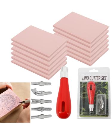 WerkWeit 12PCS Rubber Carving Blocks Linoleum Block with Cutter Tools Stamp Making Kit Linoleum Cutter with 6 Types Blades and 12-Pack Carving Rubber Stamps for Stamp Carving Printmaking