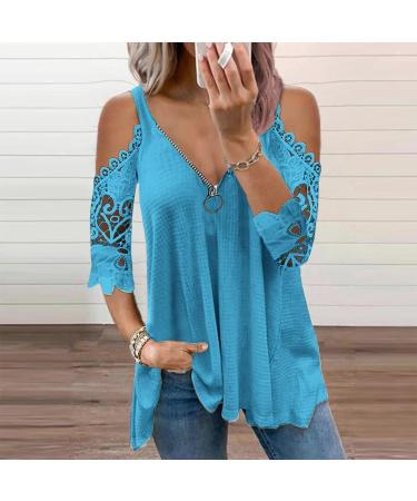 Women's Short Sleeve Lace Patchwork T-Shirt - Blue, Medium | Casual & Dressy Plus Size Top - Buy Online on GoSupps.com