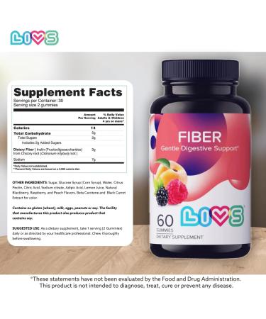 LIVS Fiber Gummies for Adults Promote Digestive Support & Regularity | Gut Health & Smooth Digestion | Plant-Based Prebiotic | Non-GMO Fiber Supplement for Men & Women | 60 Count with 30 Servings Blackberry, Raspberry & P  - Buy Online on GoSupps.com