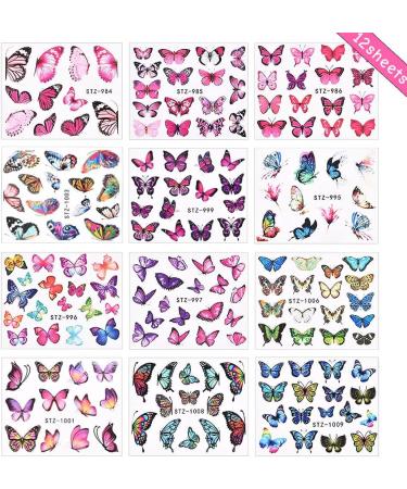 Spring Summer Butterfly Nail Stickers Water Transfer Decals - Pink Purple Exquisite Design (12 Sheets) - Buy Online on GoSupps.com