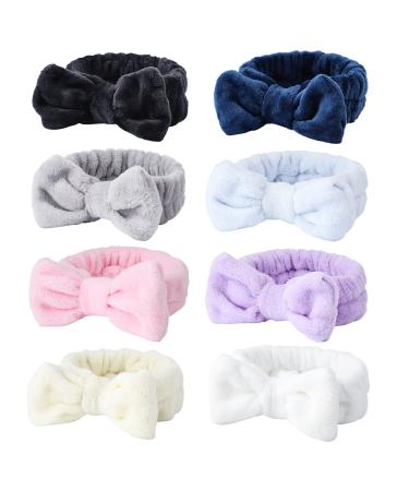 WSYUB Headband 8Pcs Bow Hair Band soft Facial Makeup Head Band for Face Washing Shower Skin Care Fluffy Spa Headband Coral Fleece Head Wraps for Woman Girl 8 Color Slumber Party Supplies for Girls