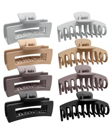 NLUS Large Hair Claw Clips, 8 Pack Hair Clips for Women Girls, 2 Styles Banana Square Jaw Clips, Strong Hold Matte Claw Hair Clips for Thick Hair & Thin Hair(Light grey, Brown, Khaki ,Black ) Color B