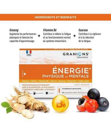 GRANIONS PHYSICAL AND MENTAL ENERGY BOOSTER | Ginseng Ginger Guarana Royal Jelly Vitamin B6 Coffeine - Memory and Concentration - Anti Fatigue Booster - 30 Drinkable Ampoules - Made in France - Buy Online on GoSupps.com