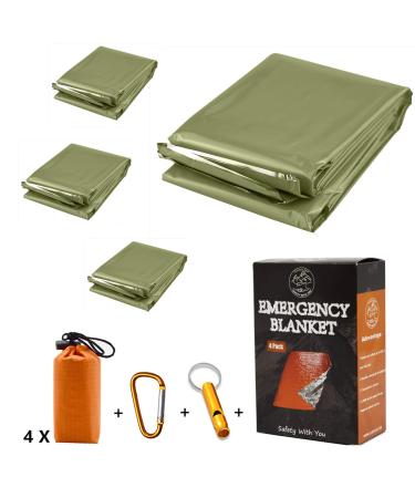 Emergency Blankets 4 Pack Extra Large Thermal Mylar Foil Space Blanket Heat Sheets for Hiking Outdoors Survival First Aid (Green)