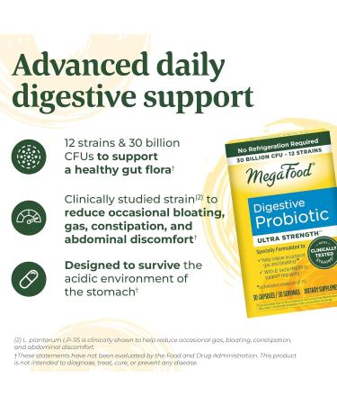 MegaFood Digestive Probiotic - 12 Strain Vegetarian Probiotics for Women & Men, 30 Billion CFUs, Support Gut Health, Probiotics for Digestive Health Help Relieve Occasional Gas & Bloating, 30 Capsules - Buy Online on GoSupps.com