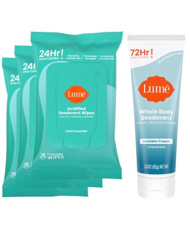 Lume Whole Body Deodorant - Invisible Cream Tube (Unscented) and Lume Acidified Deodorant Wipes (Cool Cucumber) - 24 Hour Odor Control - Aluminum Free Baking Soda Free Skin Loving