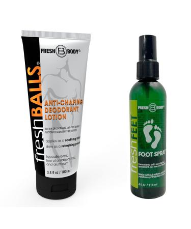 Fresh Body FB Balls Cream and Fresh Feet Foot Spray Bundle - Anti-Chafing Deodorant Lotion for Men and Odor Fighting Foot Spray with Essential Oils 3.4 oz & 4 oz