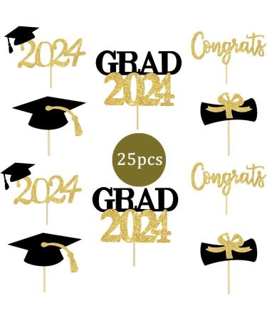 25PCS Cupcake Toppers Graduation Decorations 2024 2024 Graduation Cake Topper Glitter Gold and Black Cake Topper Grad Cap Diploma Cake Decorations 2024 Graduation Theme Party Supplies - Buy Online on GoSupps.com