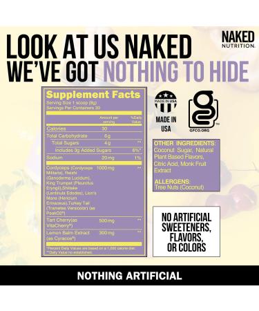 NAKED nutrition Naked Recovery - Mushroom Supplement Powder - Lions Mane Cordyceps Reishi Tart Cherries Lemon Balm - Adaptogen Wellness Formula Stress Relief Muscle Recovery - 30 Servings - Buy Online on GoSupps.com