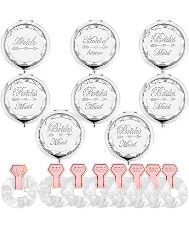 Pack of 8 Compact Pocket Makeup Mirrors Set Include 1 Bride Mirror 1 Maid of Honor Mirror and 6 Bridesmaid Mirrors and 8 Pack Hair Ties for Bachelorette Party Bridesmaid Proposal Gifts.(Silver)