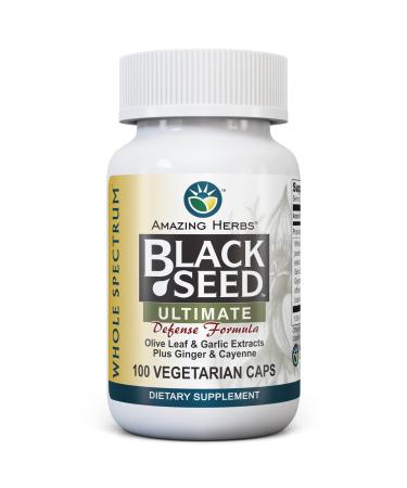 Amazing Herbs Whole Spectrum Black Seed Ultimate, Vegetarian Capsules - Olive Leaf & Garlic Extracts Plus Ginger & Cayenne, Gluten Free, Non GMO, Vegan - 100 Count