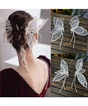 Gauze Hair Barrettes Fashionable Beaded For Butterfly Clips Elegant Long Pageant Hair Side Clip Wedding Hair Decor For W Handmade Beaded Butterfly Clips White Long Pageant Hair Side Clip Hair