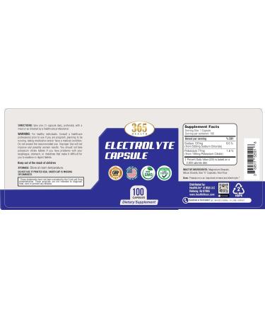 365 Health Electrolyte Capsules 100 Count Dietary Supplement for High Sodium Diets Non-GMO (500mg Sodium - 100mg Potassium) - Buy Online on GoSupps.com