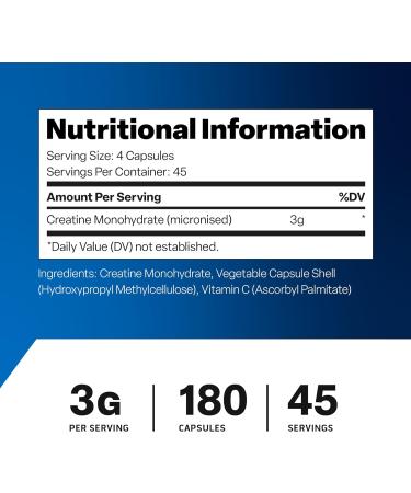 Creatine Monohydrate Capsules 3000mg - 180 Micronised Pure Unflavoured - Pre Workout Tablets for Men & Women - Vegan Keto Gluten-Free - Made in UK | 45 Servings - Buy Online on GoSupps.com