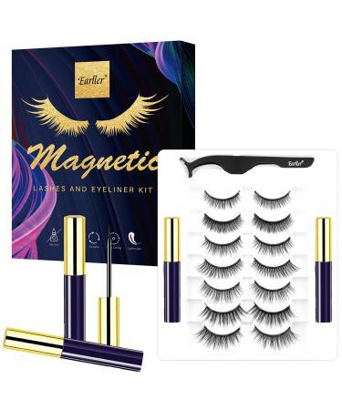 EARLLER Magnetic Eyelashes with Eyeliner Kit, 7 Pairs Natural Look False Lashes with Applicator, 3D & 5D Reusable Short and Long Eyelashes Set - Easy to Apply and No Glue Needed AP7202
