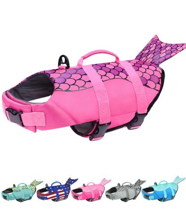 Malier Dog Life Jacket, Ripstop Dog Life Vest Adjustable Dog Life Preserver with Strong Buoyancy and Durable Rescue Handle Puppy Life Jacket for Small Medium Large Dogs Swimming Boating (X-Large) Mermaid-Pink X-Large