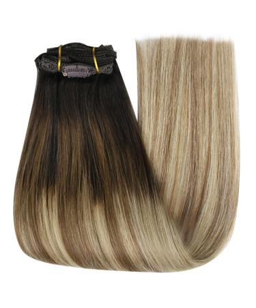 YoungSee Balayage Clip in Hair Extensions 14 Inch Hair Extensions Clip in Double Weft Dark Brown to Medium Brown with Blonde Clip in Human Hair Extensions Ombre 7 Pieces 120 Grams