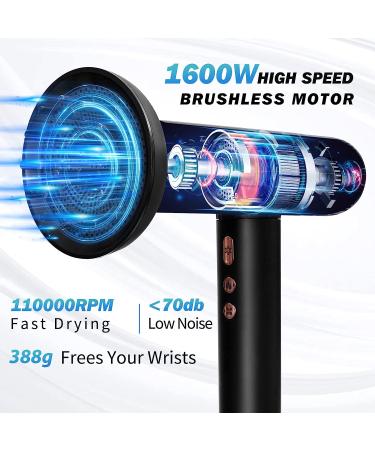 Nicebay Ionic Hair Dryer with Diffuser | 110000RPM Brushless Motor | Fast Drying Lightweight 1600W Hairdryer | Auto-Cleaning | Low Noise | 3 Attachments | Black&Gold - Buy Online on GoSupps.com