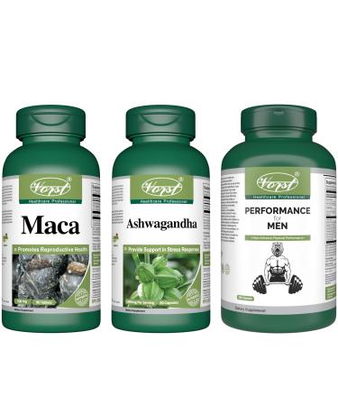 VORST Ashwagandha 60 Capsules and Maca 90 Vegan Tablets and Performance for Men 180 Capsules | Energy Supplements for Men | (Combo Bundle 3 Bottles)