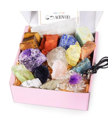 AOOVOO 17Pcs Crystals and Healing Stones, 14Pcs Real Raw Chakra Stones Set, Selenite Charging Plate, Amethyst Necklace, Rose Quartz, Gift Box, Guide for Beginners, Collection, Meditation, Yoga, Lady Crystals Set