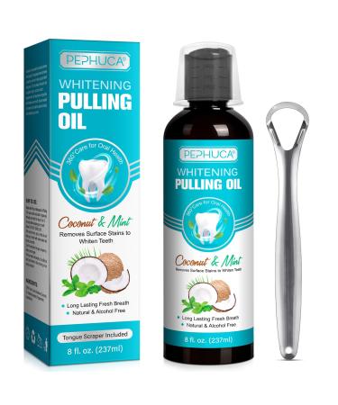 Oil Pulling - Coconut & Mint Oil Pulling Mouthwash with Tongue Scraper Alcohol Free Natural Organic Essential Oil for Mouth Bad Breath Cleaner Fresh Breath Bone & Gum Health 8 Fl Oz