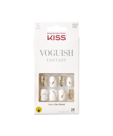 KISS Voguish Fantasy Press On Nails Nail glue included 'Glam and Glow' White Short Size Squoval Shape Includes 28 Nails 2g glue 1 Manicure Stick 1 Mini File