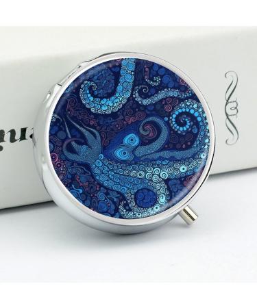 Round Pill Box - Blue Octopus Print | 3 Compartment Medicine Organizer | Decorative Metal Portable Pocket Pill Box - Buy Online on GoSupps.com