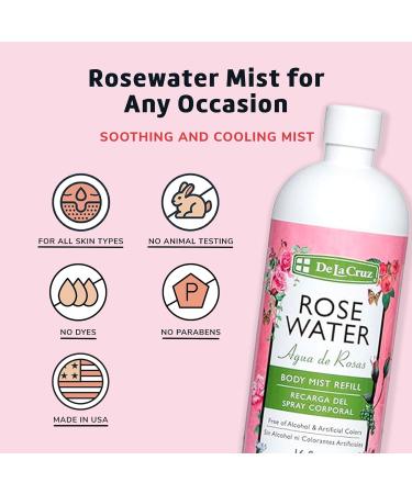 De La Cruz Rose Water Body Mist Refill- Rosewater Spray for Face Skin and Hair 16 fl oz (1 Bottle) 16 Fl Oz (Pack of 1) - Buy Online on GoSupps.com