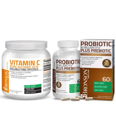 Bronson Probiotic 50 Billion CFU + Prebiotic with Apple Polyphenols & Pineapple Fruit Extract Vitamin C Powder Pure Ascorbic Acid Soluble Fine Non GMO Crystals