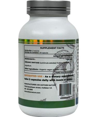MN Mother Nature Shiitake (Lentinula edodes) Mushroom Supplement - 1000mg - 120 Vegan Pullulan Capsules - Made in USA - 60 Day Supply - Buy Online on GoSupps.com