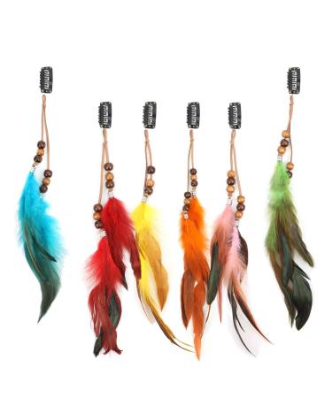 Boho Feather Hair Clips Hippie Hair Extensions 6 Pcs Indian Tribal Bead Gypsy Colorful Handmade Feather Tassel Headpiece Festival Cosplay DIY Present for Girl Women Hair Accessories Beautiful