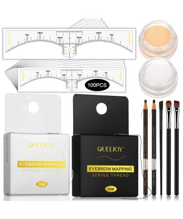 QUEEJOY Eyebrow Mapping Set includes 10mX2 Colors Brow Mapping String Eyebrow Thread  100pcs Eyebrow Ruler Stickers  Light Beige and White Brow Paste & 3 Concealer Brushes  Eyebrow Pencil and Instructions  Microblading S...