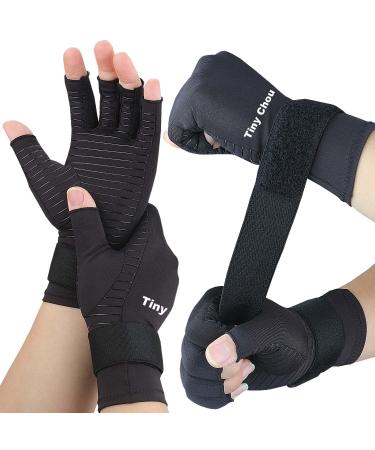 2 Pairs Pack Compression Gloves for Women Men, Copper Arthritis Gloves for Hand Pain Relief, Carpal Tunnel Wrist Support, Rheumatoid, Joint Swelling,Fingerless for Computer Typing(Small/Medium) Black Small/Medium (2 Pairs)