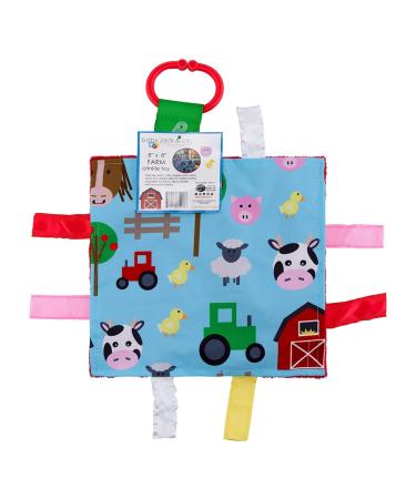 Baby Sensory Crinkle & Teething Square Lovey with Closed Ribbon Tags Enhances Cognitive Social & Emotional Development 8 X 8 Inch (Farm Friends)
