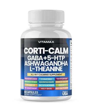 Corti-Calm Cortisol Supplement L Theanine Ashwagandha Vitamin D 3 GABA for Relaxation Fatigue & Focus with Ginkgo Biloba Bacopa Monnieri 5-HTP Non-GMO Made in USA 60ct