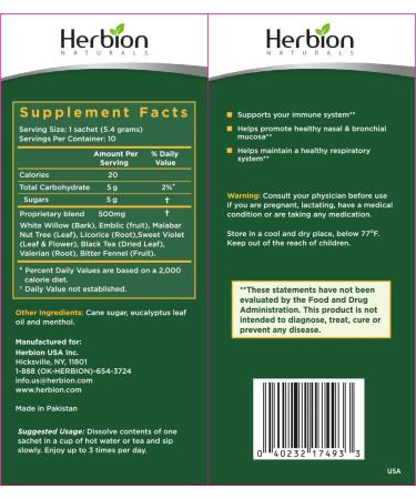 Herbion Naturals Respiratory Care Herbal Granules - 10 Ct | Supports Nasal Health & Immune System, Relieves Cold & Flu Symptoms - Buy Online on GoSupps.com