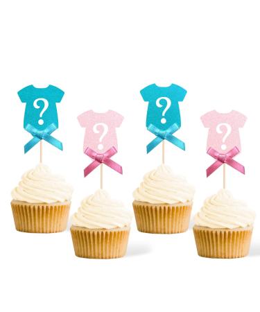 Gexolenu 24 Pcs Gender Reveal Cupcake Toppers Glitter Blue Pink Onesie Question Mark Cupcake Picks Boy or Girl Baby Shower Cake Topper for Kids Birthday Party Cake Decorations Supplies