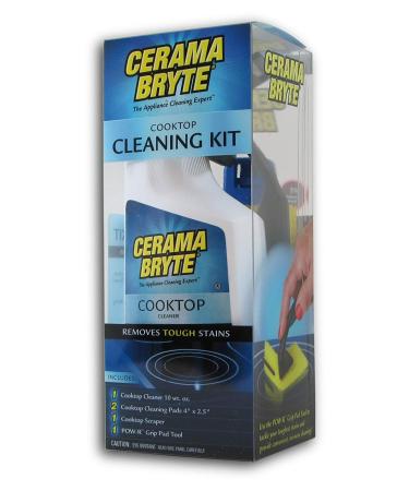 Cerama Bryte - Cooktop Cleaning Kit - Includes 10 oz. Bottle of Cerama Bryte Cooktop Cleaner, 2 Cleaning Pads, 1 POW-R Grip Pad Tool and 1 Scraper packed in Reusable Container, White (SYNCHKG114607)