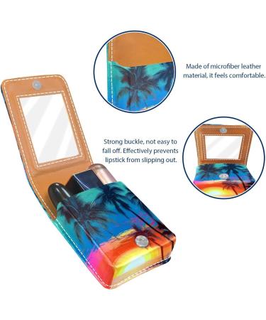 Stylish Leather Lipstick Case with Mirror - Mini Lip Gloss Organizer | Colorful Tropical Tree Sunset Design - Buy Online on GoSupps.com