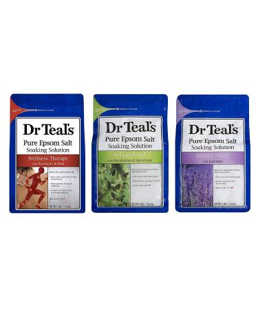 Dr. Teal's Epsom Salt Bundle  3 Items: 1 Relax & Relief Eucalyptus Spearmint 3lbs  1 Sooth & Sleep Lavender 3lbs and 1 Therapy & Relief Rosemary and Mint 3lbs. Limited Edition