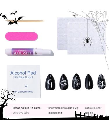 Halloween Press On Nails - Black Goth Short Almond Snake & Moon Designs - Spooky 30 Nail Kit with Glue 15 Sizes Available - Buy Online on GoSupps.com