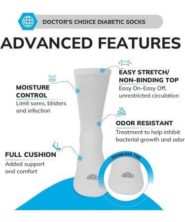 Doctor's Choice Diabetic Socks for Men - Seamless Non-Binding Top - 4 Pairs - White - Large & X-Large Sizes - Crew Style - Buy Online on GoSupps.com