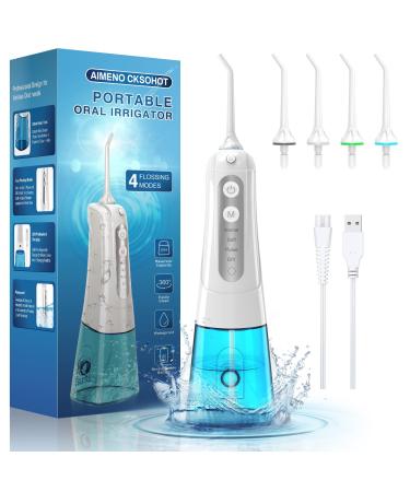 Water Flosser for Teeth Cleaning Cordless Dental Oral Irrigator 300ML Portable Water Tank and Rechargeable 4 Modes and 4 Jet Tips Waterproof Electric Teeth Cleaner for Home Travel Braces Care White