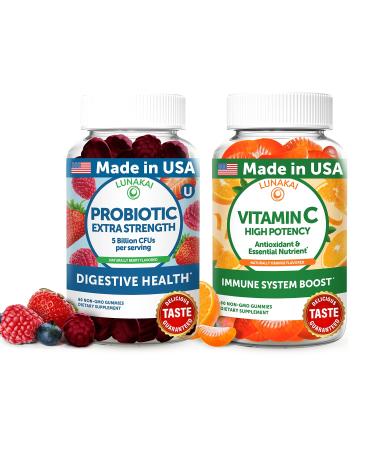 Lunakai USA Made Probiotic & Vitamin C High Potency Gummies Bundle Digestive & Immune System Support Naturally Flavored 60 Non-GMO Gummies Each