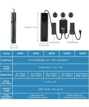 AQQA Aquarium Heater 300W/500W/800W/1000W/1200W - LED Display Over-Temperature Protection for Fresh & Saltwater - Ideal for 500-1000L Aquariums - Buy Online on GoSupps.com